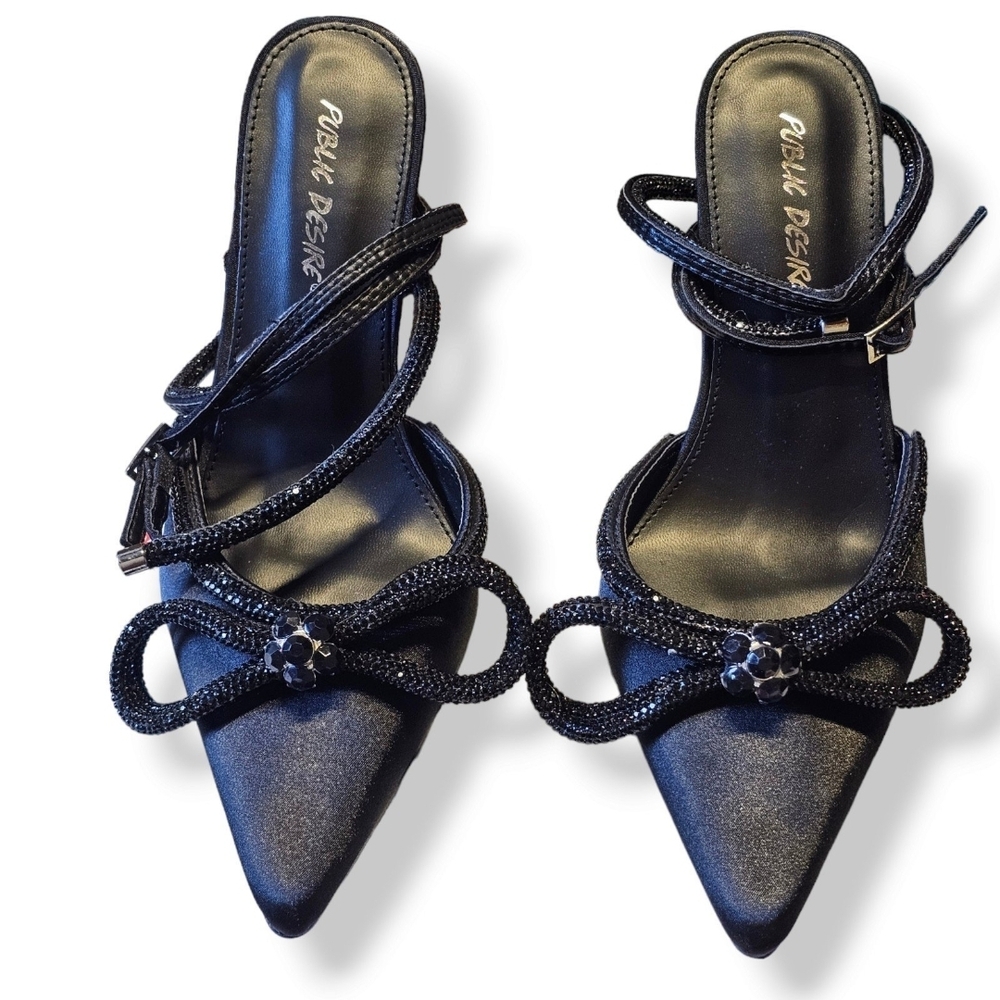 NEW Public Desire Midnight Diamonte Black Strappy Heels Size 8